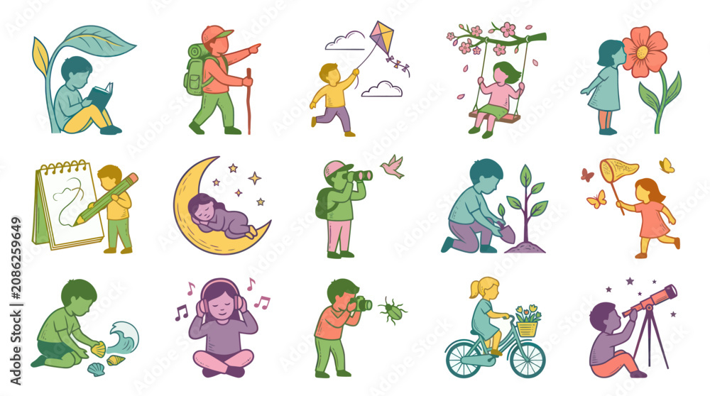 Obraz premium Collection of cute hand-drawn cartoon vector illustrations depicting children's learning and outdoor activities