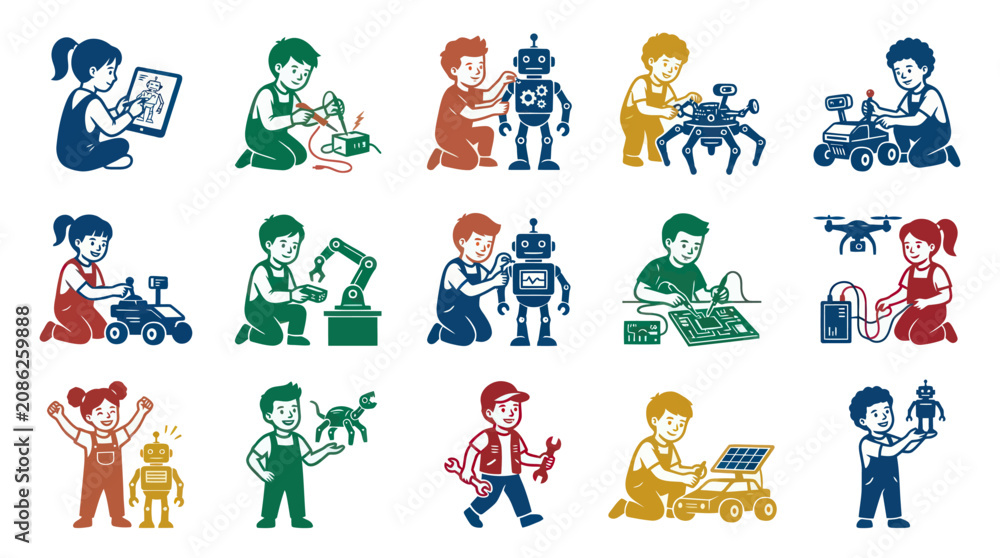 Naklejka premium Children Robotics STEM Education Flat Vector Icons - Kids Building Robots, Drones, and Electronic Projects