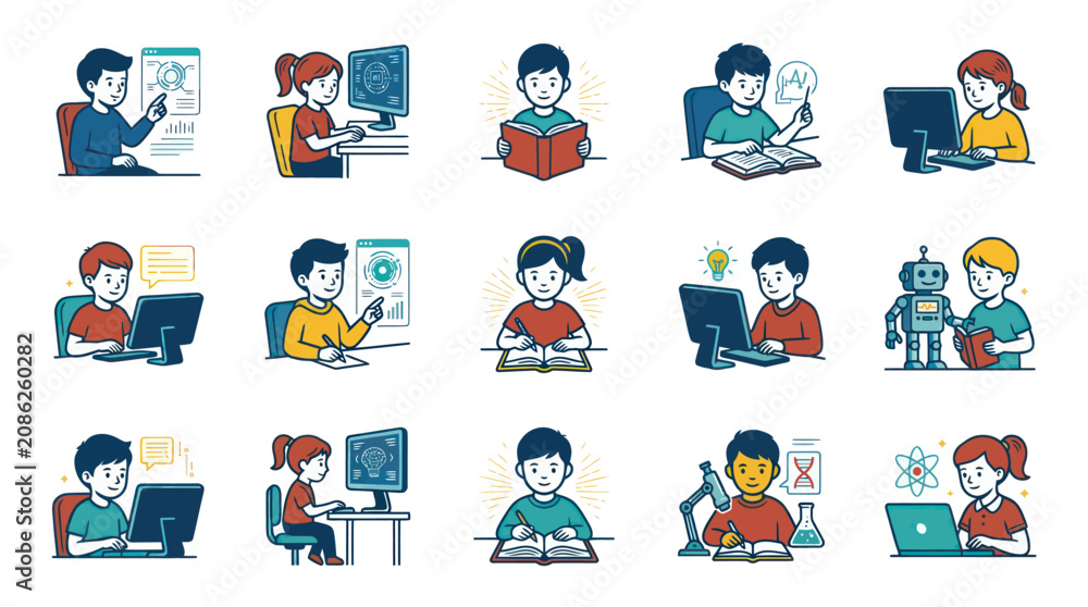 Fototapeta premium Kids Education Flat Vector Illustrations: Children Learning, Studying, and Engaging with Technology and STEM