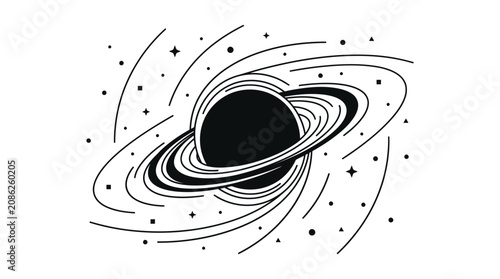 Black Hole Illustration with Orbiting Rings and Stars