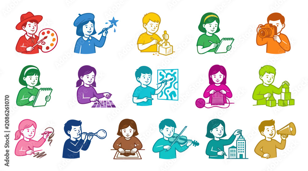 Obraz premium Diverse Children Engaged in Creative Arts Crafts, Building, Music, Photography, and Drawing - Flat Style
