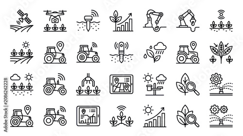 Tableau sur toile Agricultural machinery and rural farming line icons