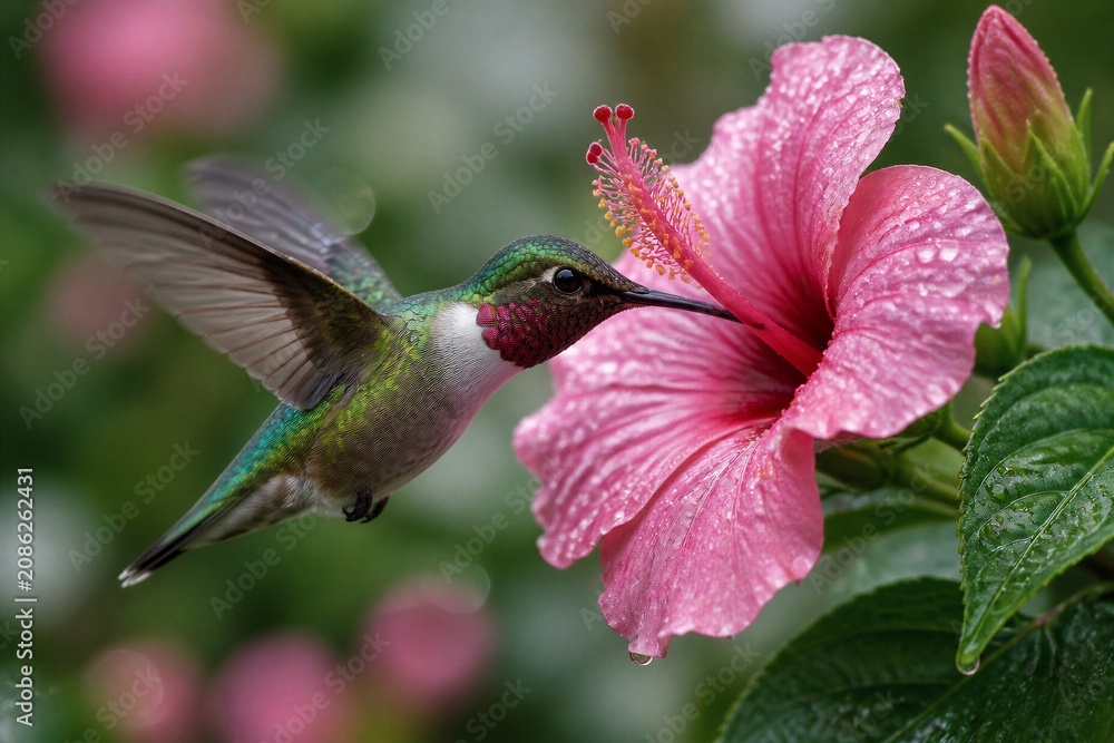 Fototapeta premium Hummingbird hovers near vibrant pink flower. Feathers shimmer with iridescent green hues. Dewdrops glisten on soft, blooming petals. Feeder's red stamen beckons tiny visitor. Nature's quiet moment