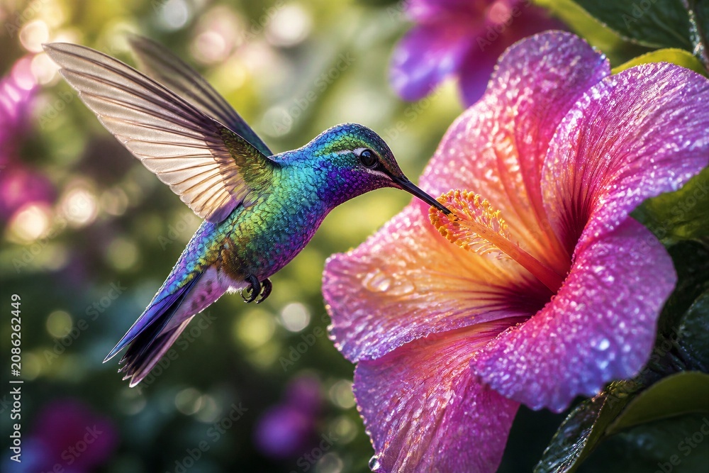 Fototapeta premium Vibrant hummingbird hovers near dewy, pink hibiscus bloom. Feathers shimmer in iridescent blues and greens. Sunlight glints off water droplets on petals. Bird's wings beat rapidly in midair motion