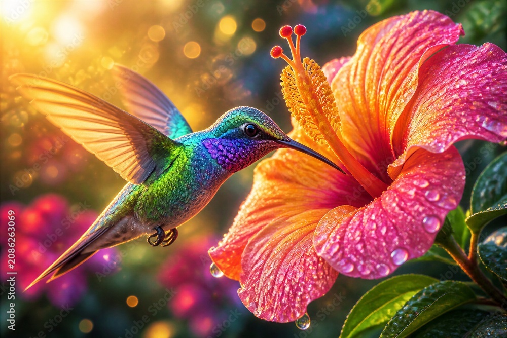 Fototapeta premium Raindrops gleam on petals, soft pink and orange. Hummingbird hovers, wings blurred by motion. Sunlight bursts behind, casting warm, golden rays. Feathers shimmer with iridescent greens and blues