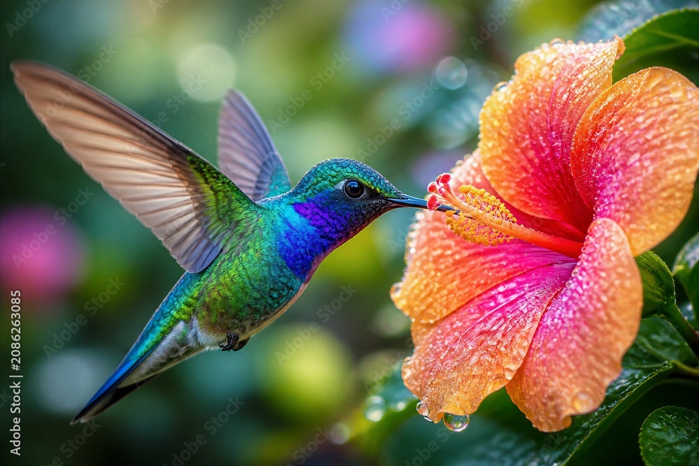 Fototapeta premium Raindrops gleam on vibrant petals. Hummingbird hovers, sipping nectar. Its iridescent feathers shimmer in light. Soft-focus background highlights the flower. Perfect for nature, wildlife