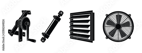 Collection of industrial equipment vector icons for graphic design purposes.