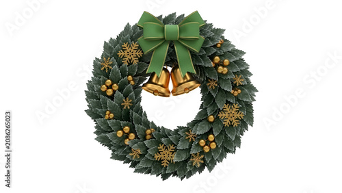 Festive christmas wreath decorated with golden bells and snowflakes featuring a green ribbon bow isolated on transparent background