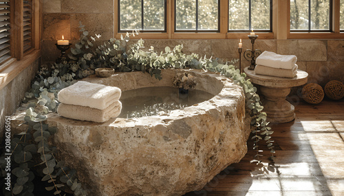 A serene stone bathtub surrounded by lush greenery and soft towels in a peaceful bathroom setting