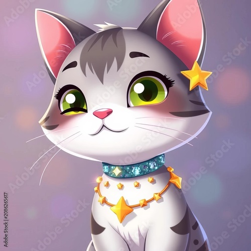 Adorable cartoon cat in sparkly collar with matching star-shaped earring, ||cute cat, playful
