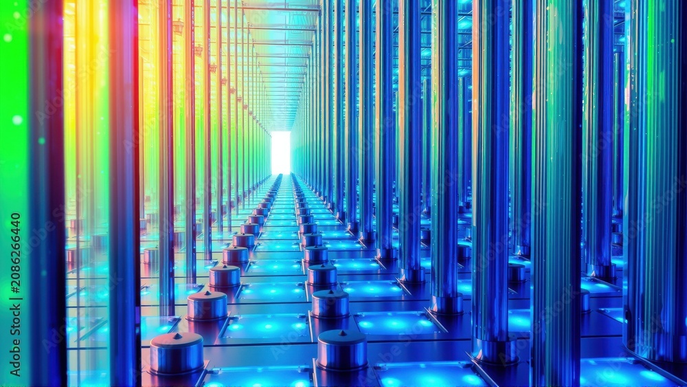 Fototapeta premium Infinite corridor, glowing pillars, vibrant colors, futuristic design. Light source draws viewer inward, creating depth.
