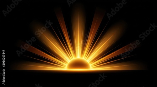 Golden sunrise light effect dramatic radial burst with glowing horizon and dark background