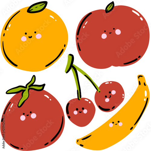 Set of fruits with smiling face. Orange, apple, tomato, cherry, banana set with cheerful flat style.