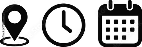 Foto Address, time, and date icons featuring location pin, clock, calendar, and event symbols for modern interface design