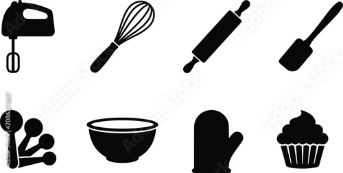 Εκτύπωση καμβά Baking and Kitchen Utensil Silhouette Icon Set Featuring Mixer Whisk Rolling Pin
