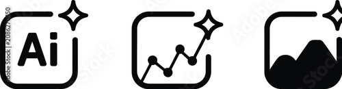 Photos AI image generation icons featuring artificial intelligence, generative technology, sparkle symbols, photo editing, enhancement, and outline interface graphics