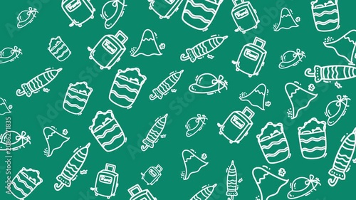 Doodle Travel Icons Pattern Green Background Seamless Holiday Adventure Vacation