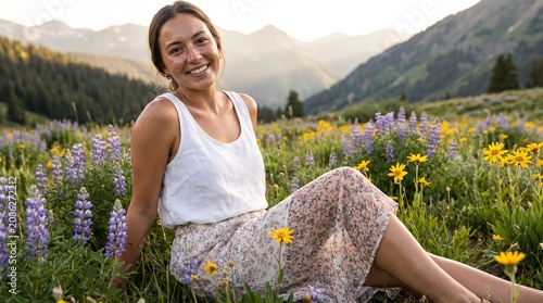 Smiling body positive woman sitting in sunny wildflower mountain meadow at golden hour