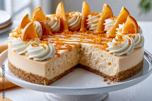 Orange cheesecake with whipped cream and citrus slices