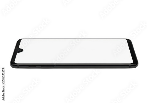Black smartphone with a blank screen lying horizontally on a flat surface for technology projects and digital communication mockups
