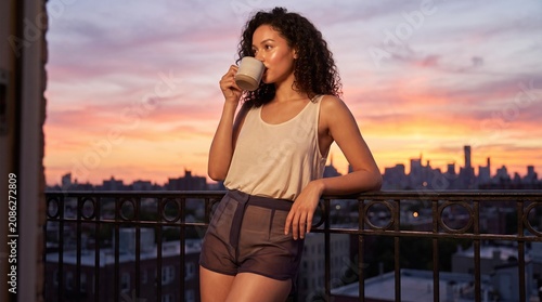Young Curly Haired Woman Drinking Coffee on Balcony at Sunset City Skyline View