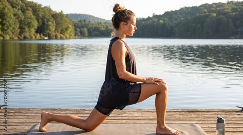 Athletic Young Woman Practicing Low Lunge Yoga Pose on Wooden Lake Pier at Sunrise