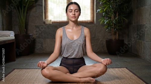 Serene Young Woman Meditating in Lotus Position Wellness Spa and Yoga Concept