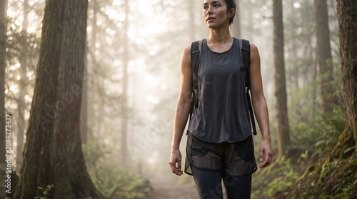 Confident Athletic Woman Hiking in Misty Forest Trail Sun Flare Outdoor Fitness Adventure
