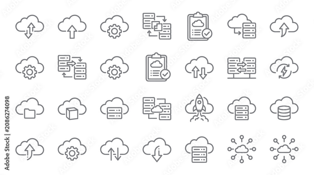 Fototapeta premium Cloud computing and network storage line icons.