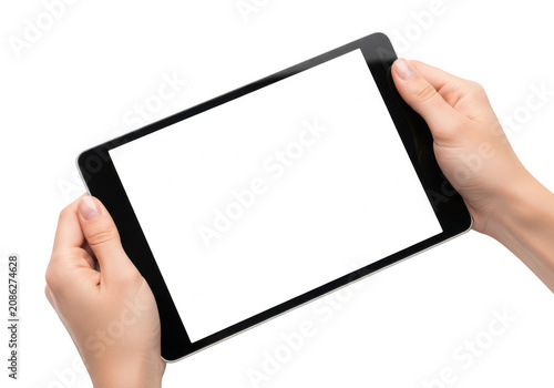 Close up of person hands holding a black tablet computer device with a blank screen for digital content display and mobile app presentation