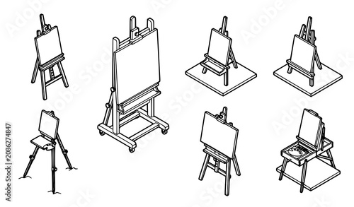 Isometric artist easel outline icon set vector 3D line drawing collection of wooden studio and tabletop stands