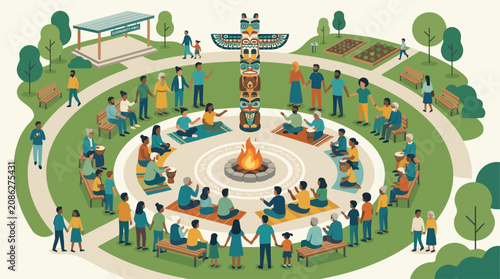 A flat design illustration depicting a diverse indigenous community gathered around a central sacred element, symbolizing unity, shared cultural practices, and strong communal bonds.