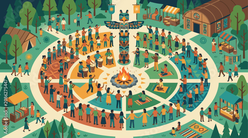 A flat design illustration depicting a diverse indigenous community gathered around a central sacred element, symbolizing unity, shared cultural practices, and strong communal bonds.