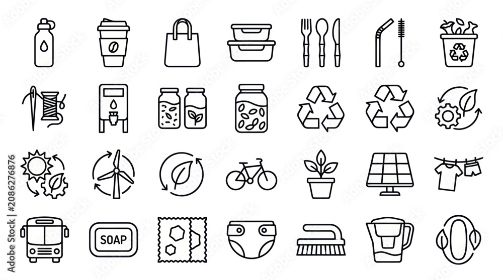 Fototapeta premium Zero waste and sustainable lifestyle product icons.