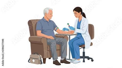 Tableau sur toile Senior Man in Armchair Using Digital Blood Pressure Monitor at Home