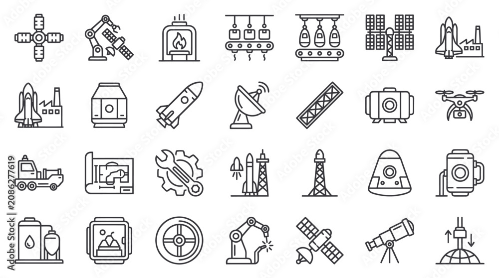 Fototapeta premium Aerospace and industrial robotics line icon set