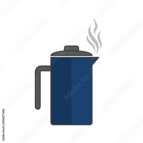 Canvastavla Isolated dark blue percolator coffee pot with steam rising, simple flat design e
