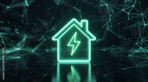 Glowing green house icon with lightning bolt emblem floating above a dark background with digital network lines 3d render