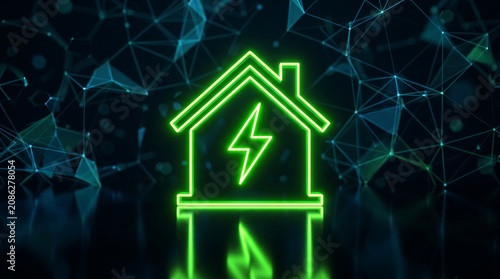 Green glowing neon house icon with lightning bolt symbol floating above dark digital background with interconnected nodes and lines representing smart home energy management technology