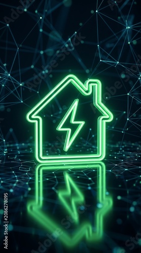 Glowing neon green house icon with lightning bolt symbol reflecting on dark digital surface with complex network background representing smart energy infrastructure