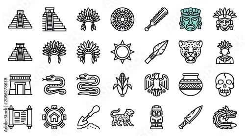 Canvastavla Aztec and Mayan culture symbolic line icons.