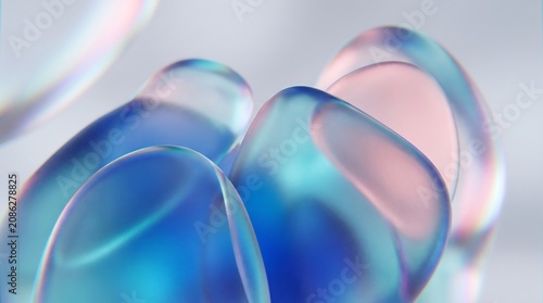 Abstract 3d render of organic fluid glass forms with iridescent blue and pink light reflections for artistic digital background