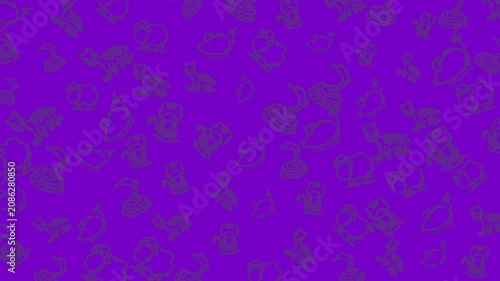 Abstract purple background with hand drawn sketch pattern of cats and teapots