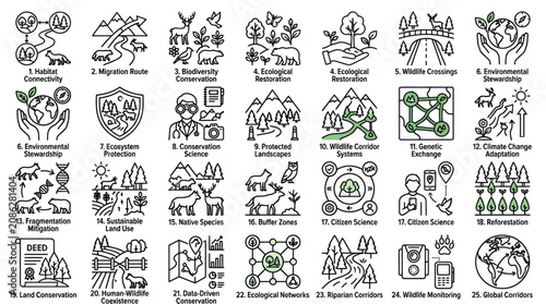 Фотография Biodiversity and ecological restoration management icons.