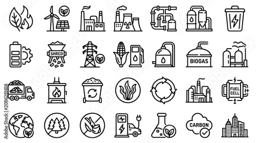 Bild auf Leinwand Bioenergy and sustainable waste management line icons.