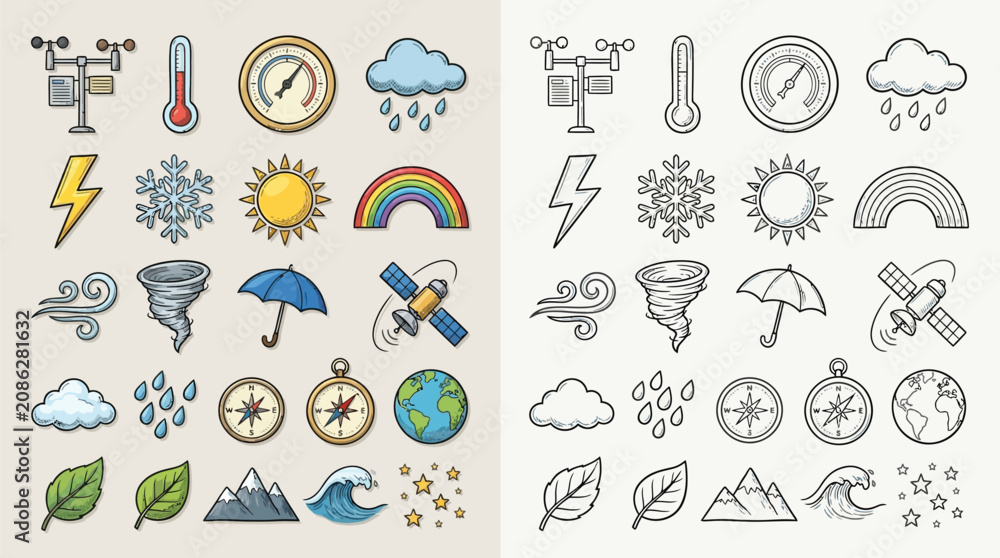 Naklejka premium Collection of weather icons and symbols, including meteorological instruments and weather phenomena, in both color and outline versions.