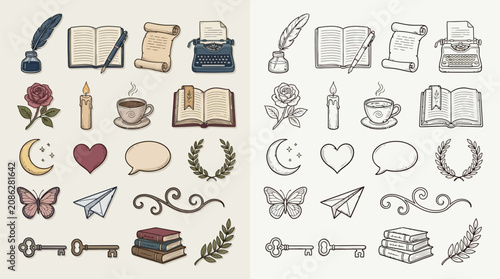 Collection of vintage hand-drawn icons representing writing, reading, and symbols of love and nature.