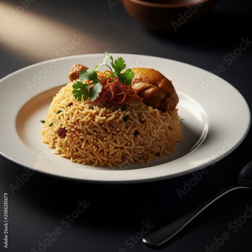 Nasi briyani, spiced basmati rice with saffron strands, elegant food presentation, 45-degree angle shot, with copy space, warm soft lighting, dark moody background