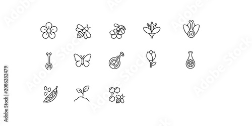 Obraz na płótnie Icon set collection of pollination process and biological reproduction, illustrating the interaction between bees, flowers, and plant growth stages