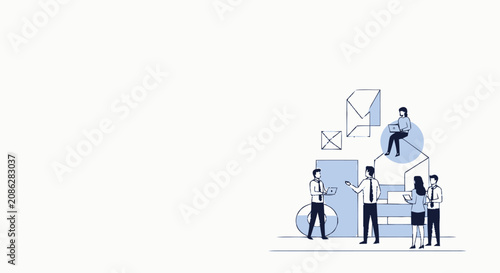 Business team collaborating on project development and workflow management vector illustration.